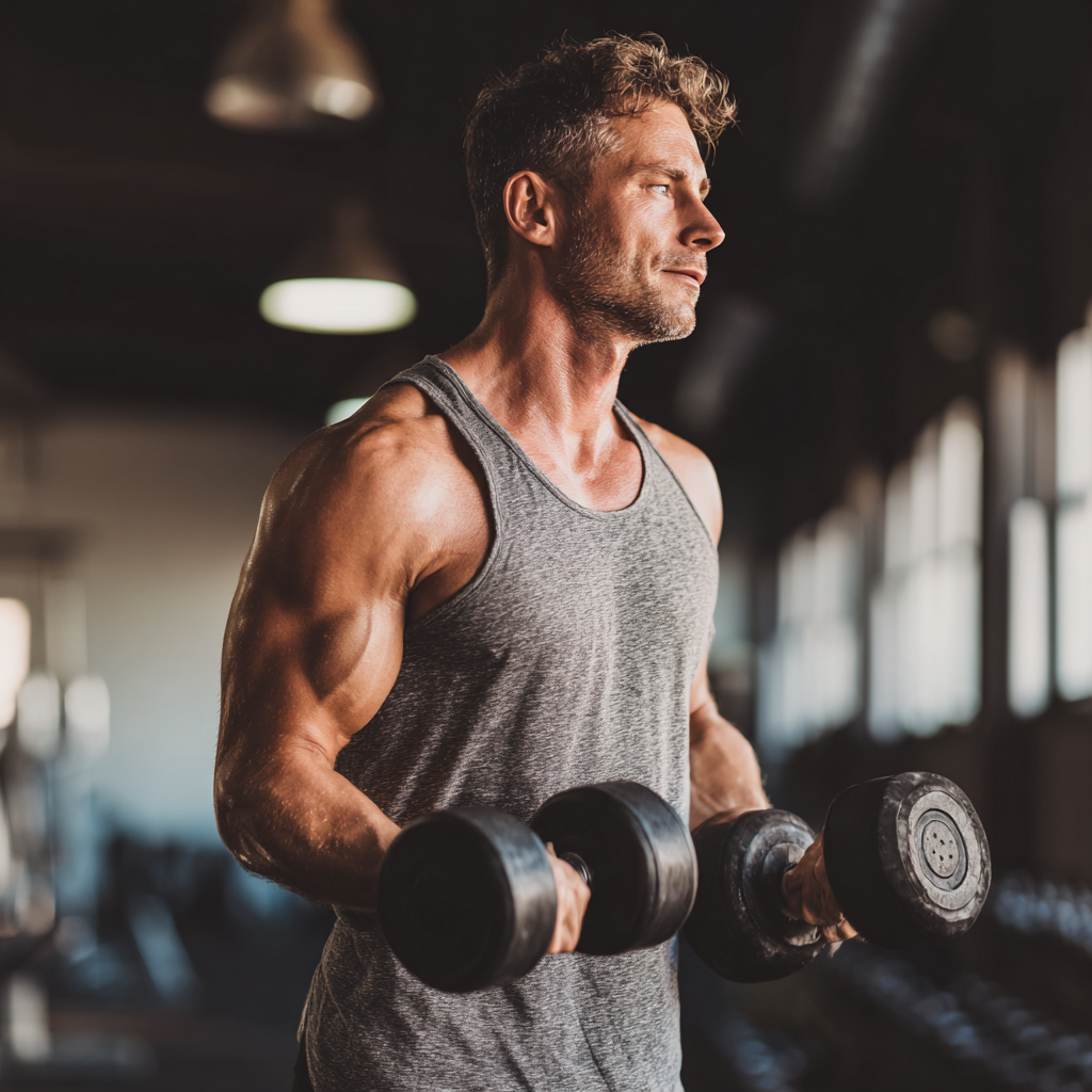 Confident muscular man in gym lifting weights with determination and focus