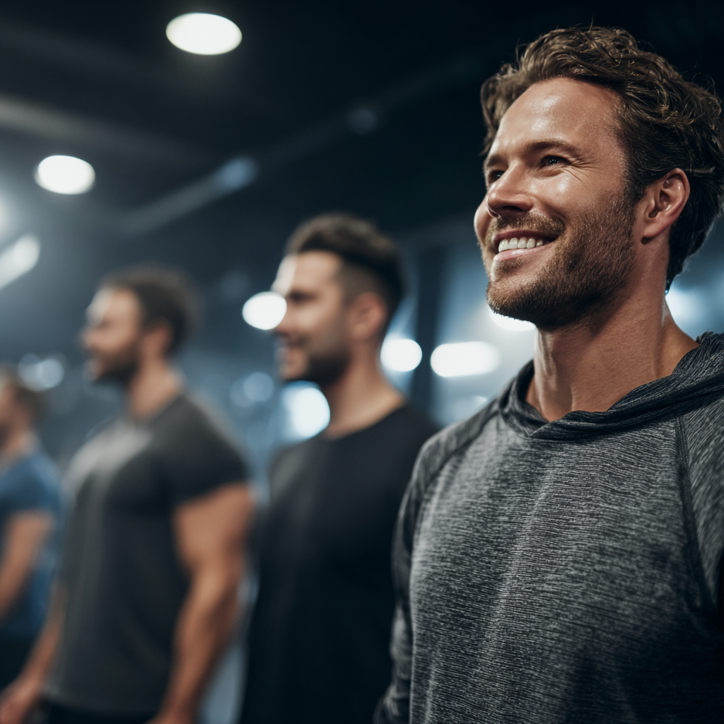 Group of confident men training together in modern gym atmosphere